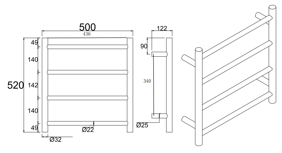 Round Chrome Electric Heated Towel Rack 4 Bars