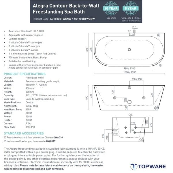Alegra 1500 / 1700mm Back-To-Wall Freestanding Spa Bath – 12 Jets Spa