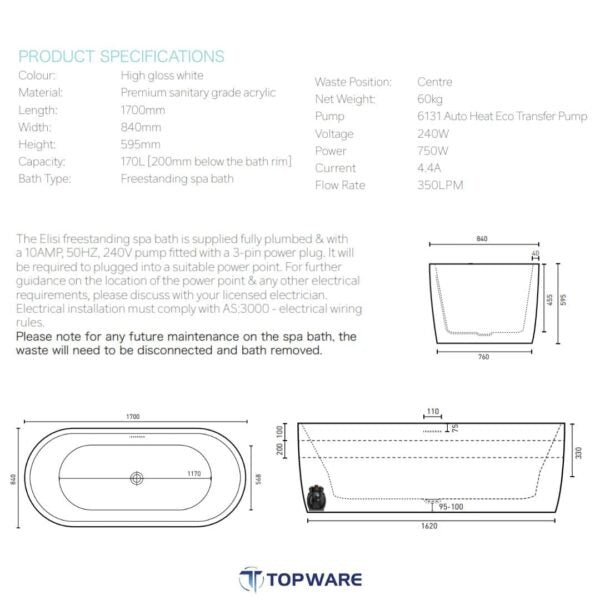 Elisi 1700 Freestanding Spa Bath 12-Jets with Overflow Spa