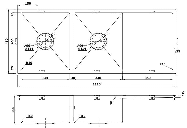 NIXON Double Bowl Undermount Sink with Drainer Kitchen Sink
