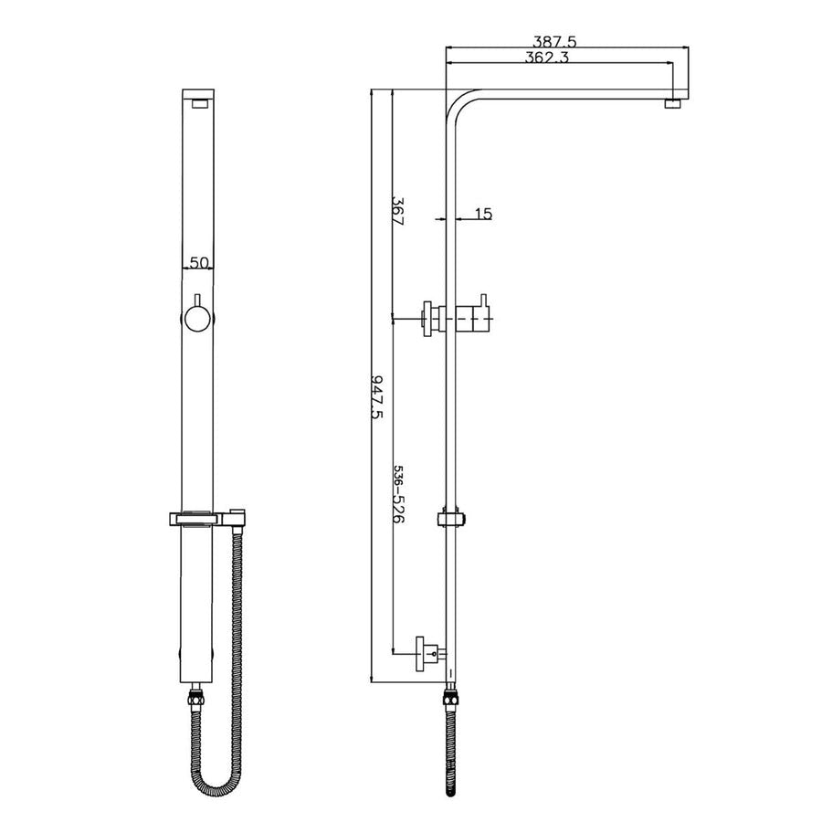 Square Shower Station Wide Rail in Chrome or Matte Black