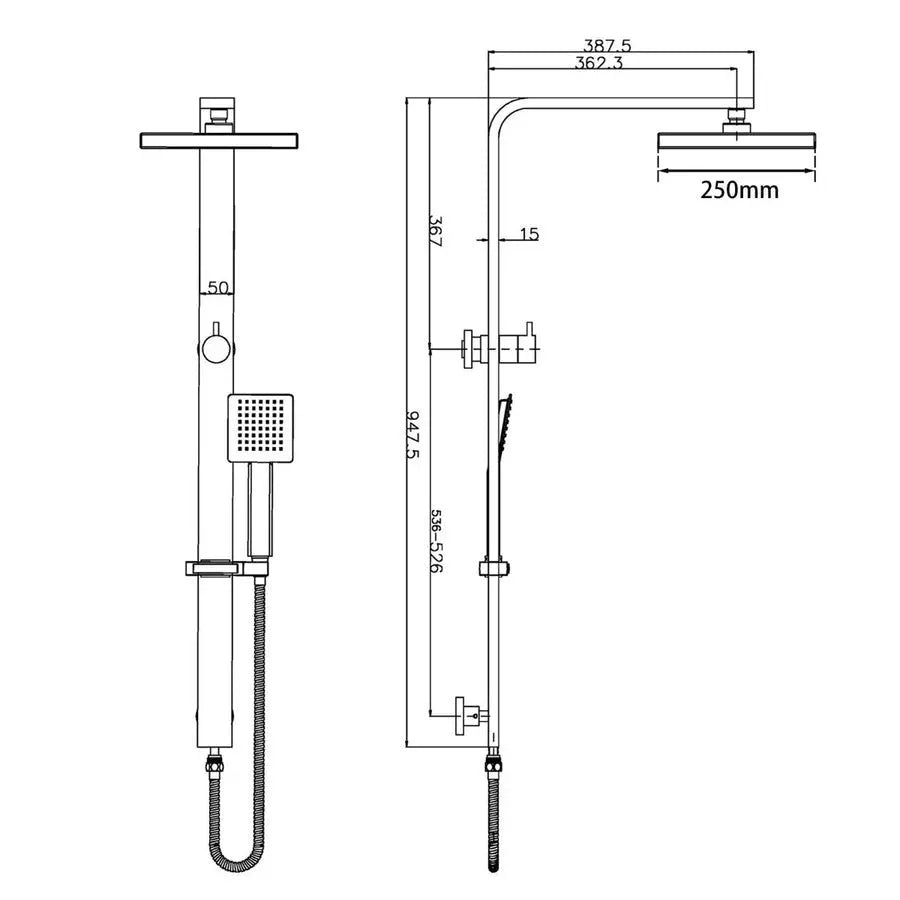 10" Square Wide Rail Shower Station Top Water Inlet with 3 Functions Handheld - in Chrome and Matte Black