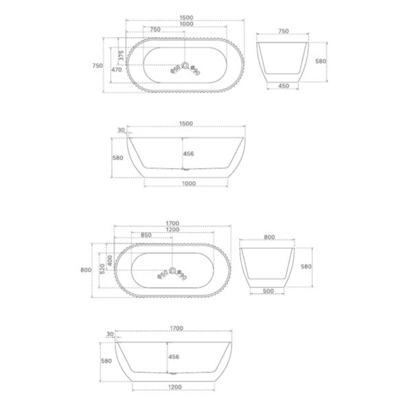 Henley 1500/ 1700mm Matte White Fluted Freestanding Bath Tub Bathtub