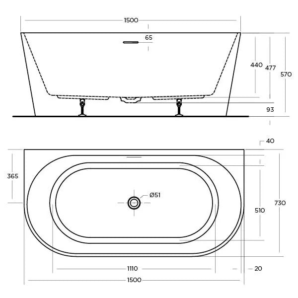 ECO Back-To-Wall Bath Tub - 3 sizes
