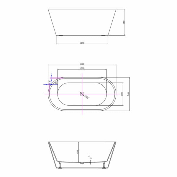 BOSTON 1500 Freestanding Bath Tub Gloss White Bathtub