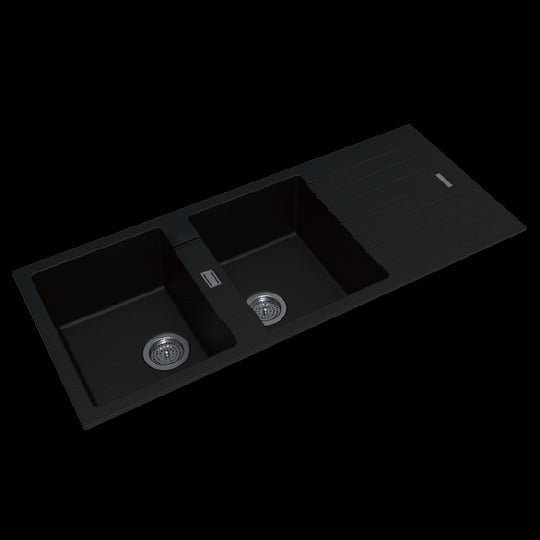 Black Granite Quartz Stone Kitchen Sink Double Bowls Drainboard Top/Undermount