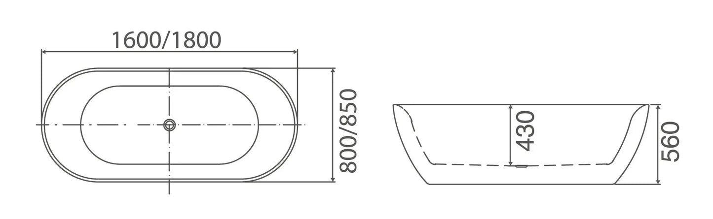 SORRENTO Free Standing Oval bath tub - in 2 Sizes (1600mm, 1800mm)