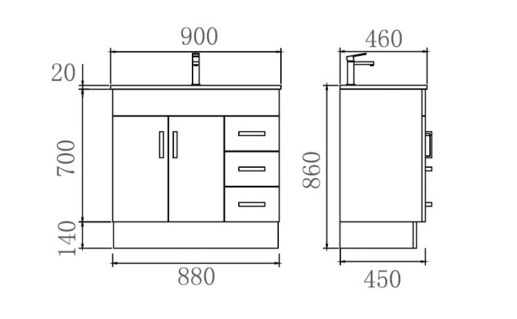 NOVO Freestanding Vanity - in 2 Sizes (900,1200mm) - Ceramic or Stone Top