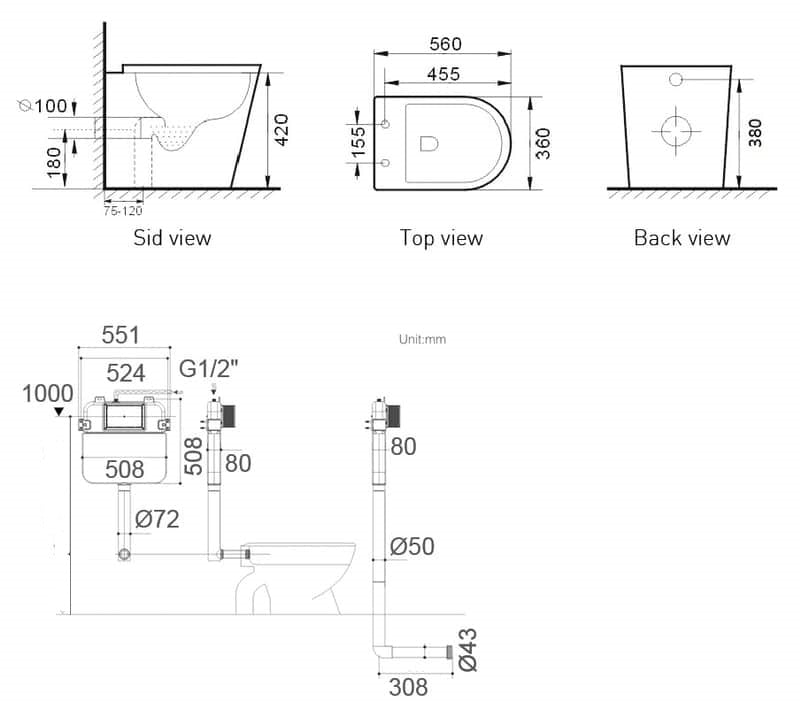 BRAVO-II Toilet Suite + R&T in wall Cistern Package