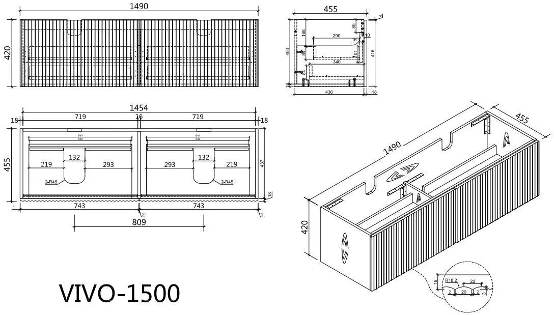 VIVO Wall Hung Vanity - in 4 Sizes - 5 different color Handle