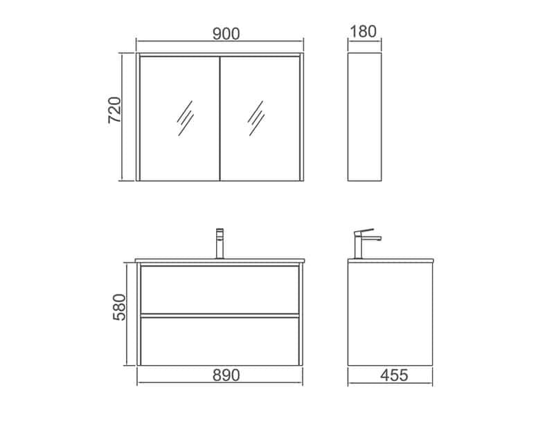 NEON Wall Hung Vanity with LED - in 3 Sizes - Ceramic and Stone Top