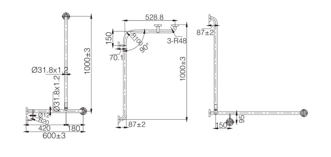 MOBI CARE L Shape with Extension Shower Rail Shower