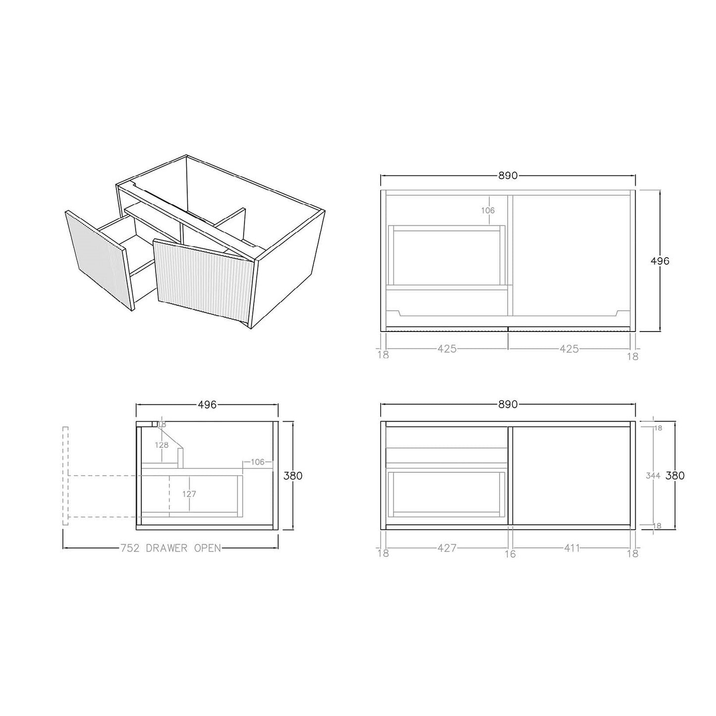 BELLEVUE Wall Hung Vanity - 2 Color's & 5 Sizes Available