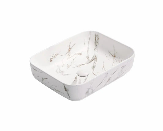 BA530 — Above Counter Basin - Rectangular Design with Soft Edges - in Gloss White and Calacatta Design