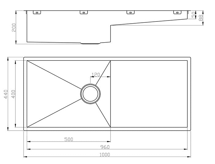 Atlas Single Bowl Handmade Chrome Kitchen Sink - 1000x440x200mm