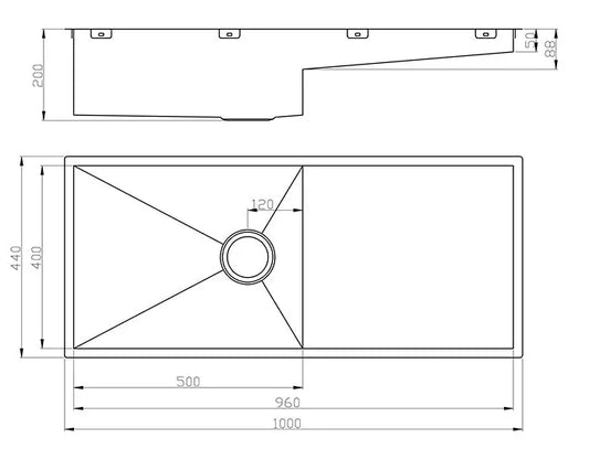 Atlas Single Bowl Handmade Chrome Kitchen Sink - 1000x440x200mm