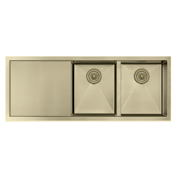 Atlas Double Bowl Kitchen Sink Handmade in Gold - 1114x450x250mm