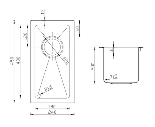 Atlas Single Bowl Handmade Chrome Kitchen Sink 240x450x200mm