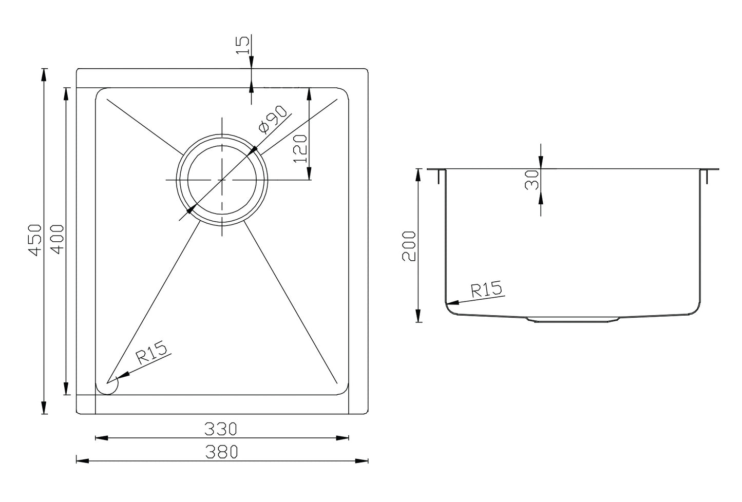 Atlas Single Bowl Handmade Chrome Kitchen Sink 380×450x200mm