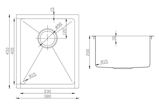 Atlas Single Bowl Handmade Chrome Kitchen Sink 380×450x200mm