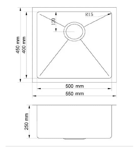 Atlas Single Bowl Handmade Chrome Kitchen Sink - 550x450x250mm