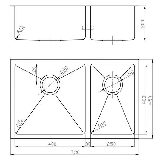 Atlas Double Bowl Handmade Chrome Kitchen Sink - 730x450x200mm
