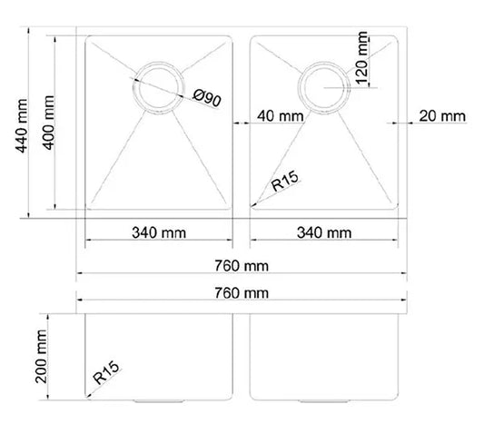 Atlas Double Bowl Handmade Gunmetal Black Kitchen Sink - 760x440x250mm