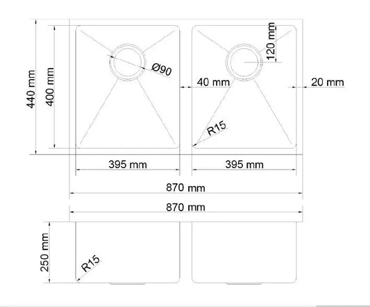Atlas Double Bowl Handmade Gunmetal Black Kitchen Sink - 870x450x250mm