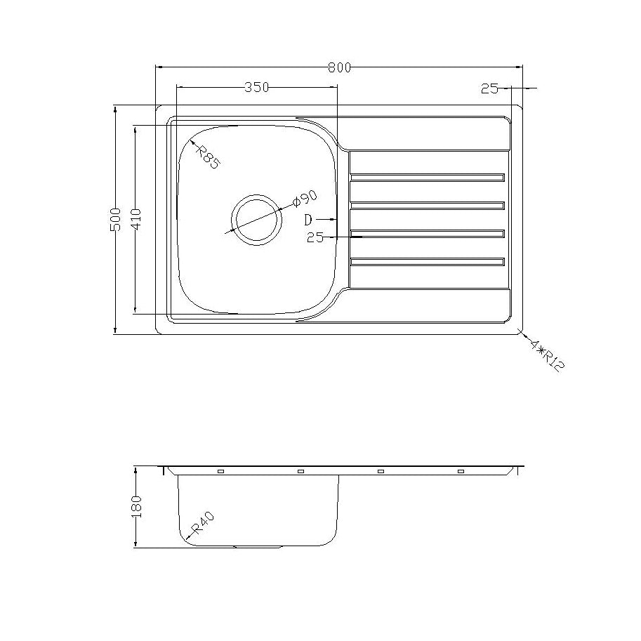 Prague Pressing Single Bowl Top Mount Kitchen Sink - 800x500x180mm