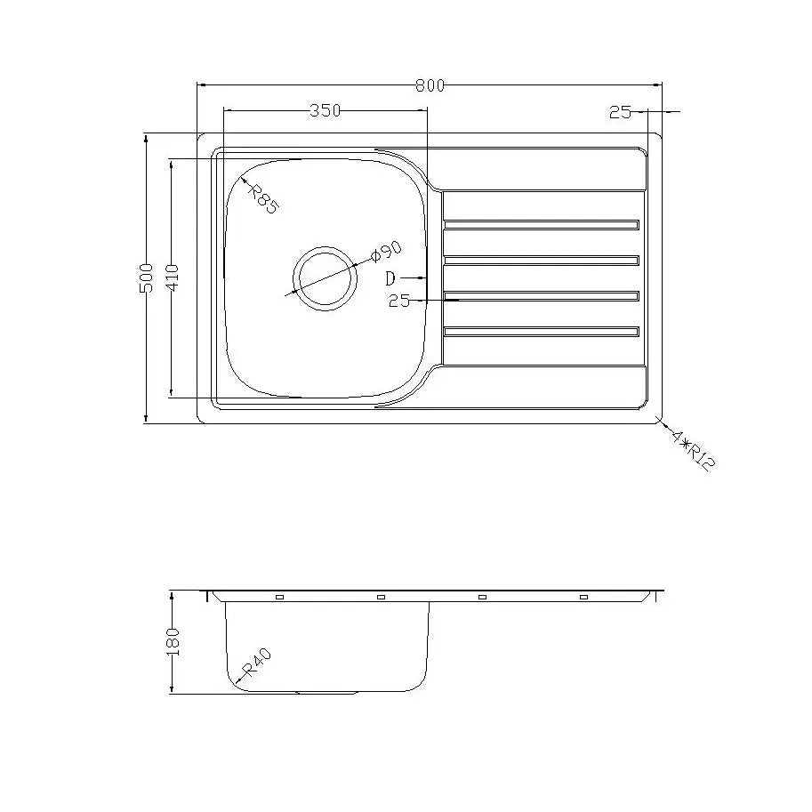 Prague Pressing Single Bowl Top Mount Kitchen Sink - 800x500x180mm