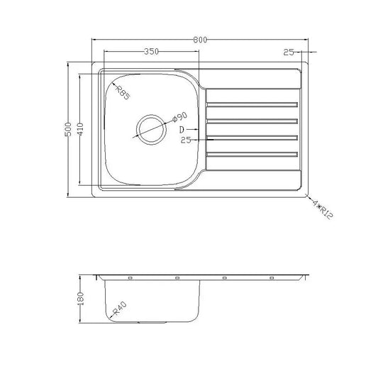 Prague Pressing Single Bowl Top Mount Kitchen Sink - 800x500x180mm