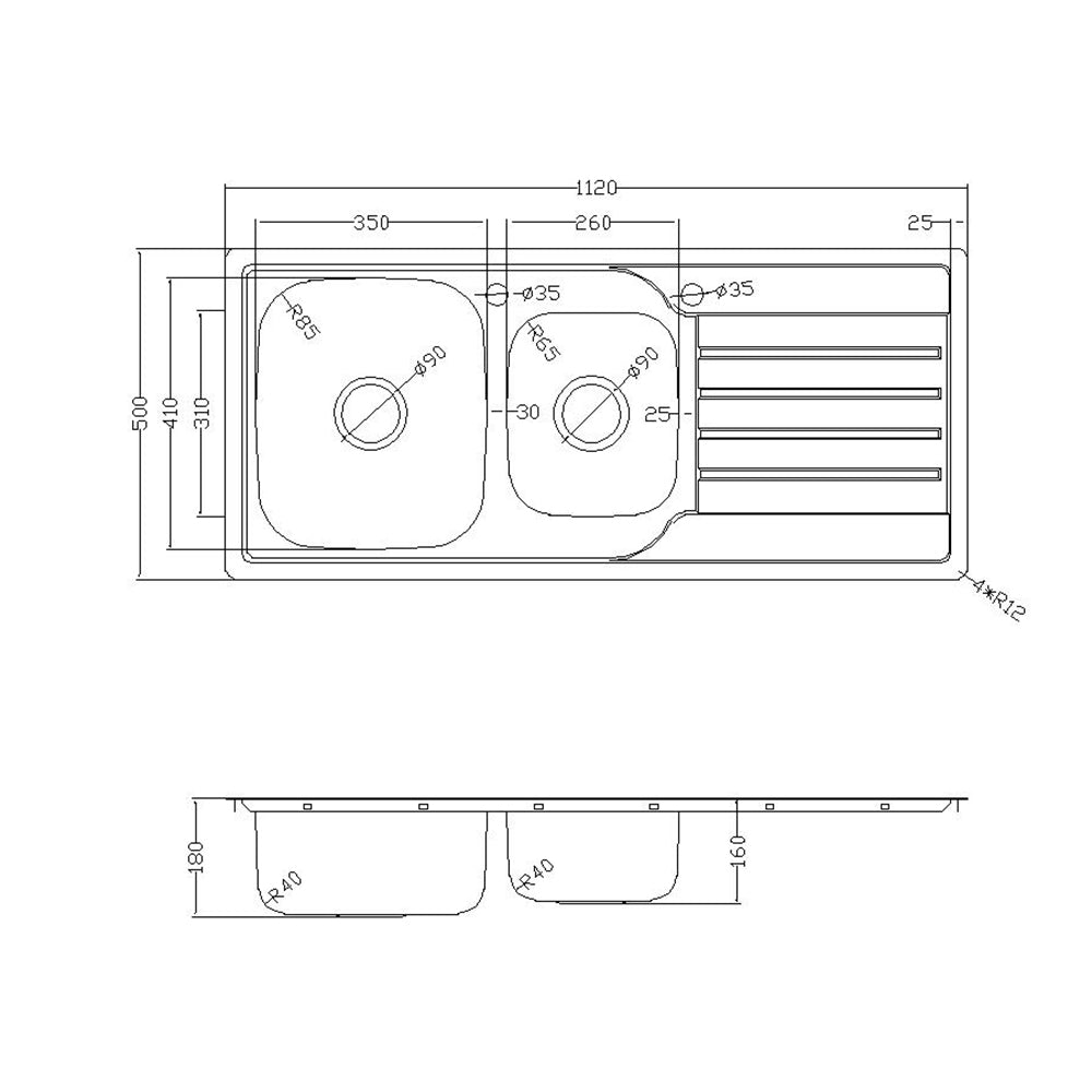Prague Pressing One and half Bowl Top Mount Kitchen Sink - 1120x500x180mm