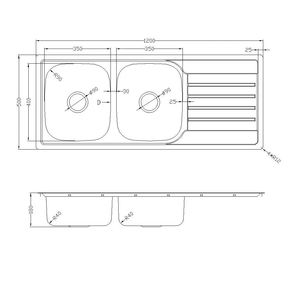 Prague Pressing Double Bowl Top Mount Kitchen Sink - 1120x500x180mm