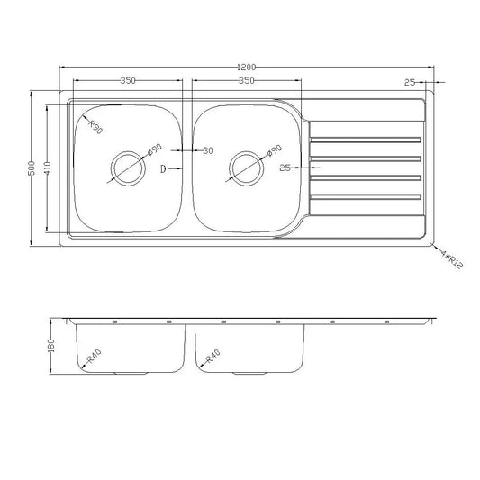 Prague Pressing Double Bowl Top Mount Kitchen Sink - 1120x500x180mm
