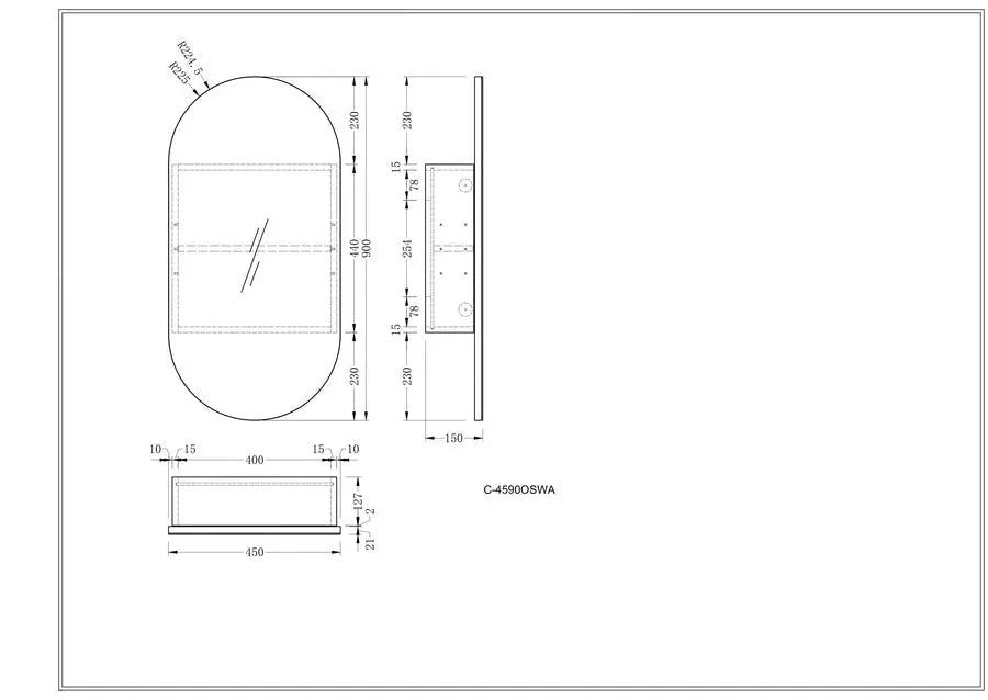 Noble Oval Shaving Cabinet 450x900mm - MATTE WHITE Carysil