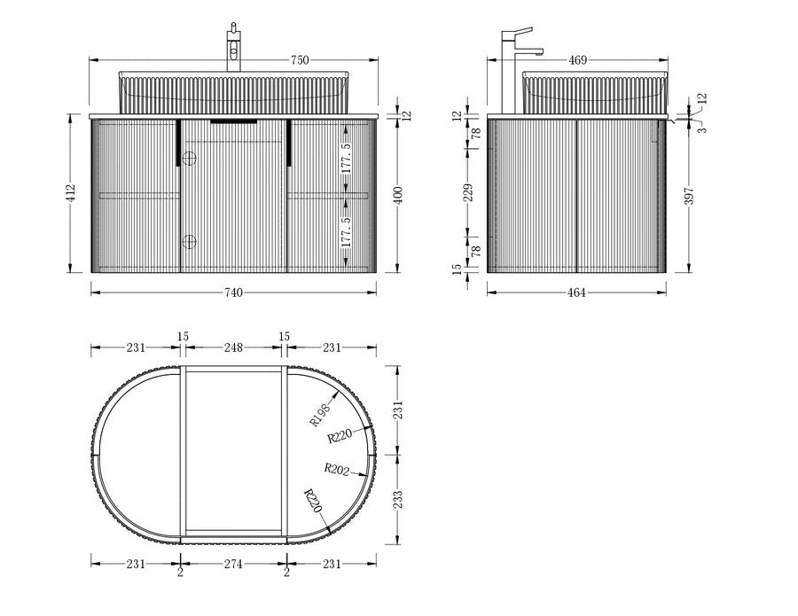 CARYSIL 750mm Fluted Wall Hung Vanity - Matte White - 750x469x412mm