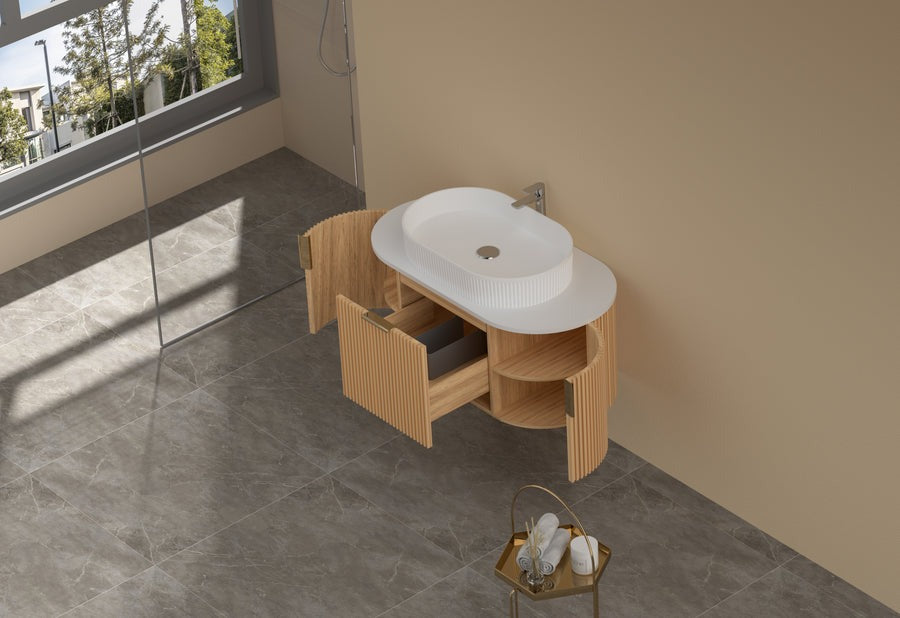 CARYSIL 900mm Fluted Wall Hung Vanity - Walnut - 900x469x412mm