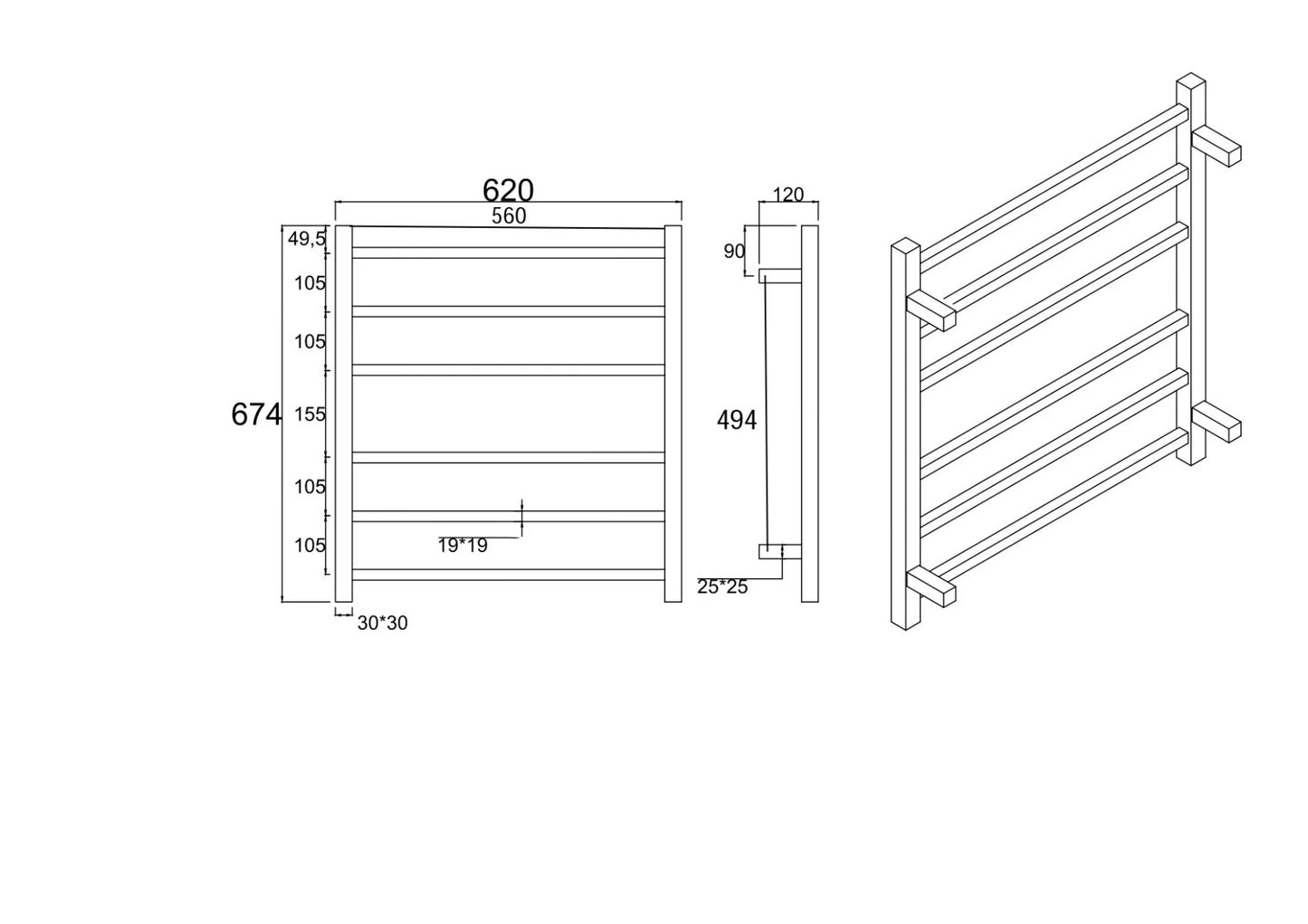 Square Electric Heated Towel Rack 6 Bars