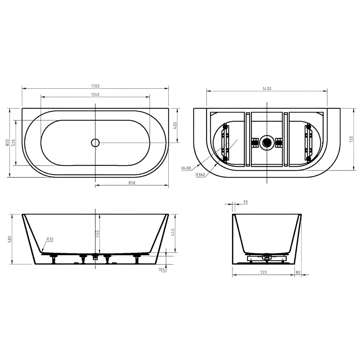 CORTONA Back To Wall Bathtub- 3 Sizes Available