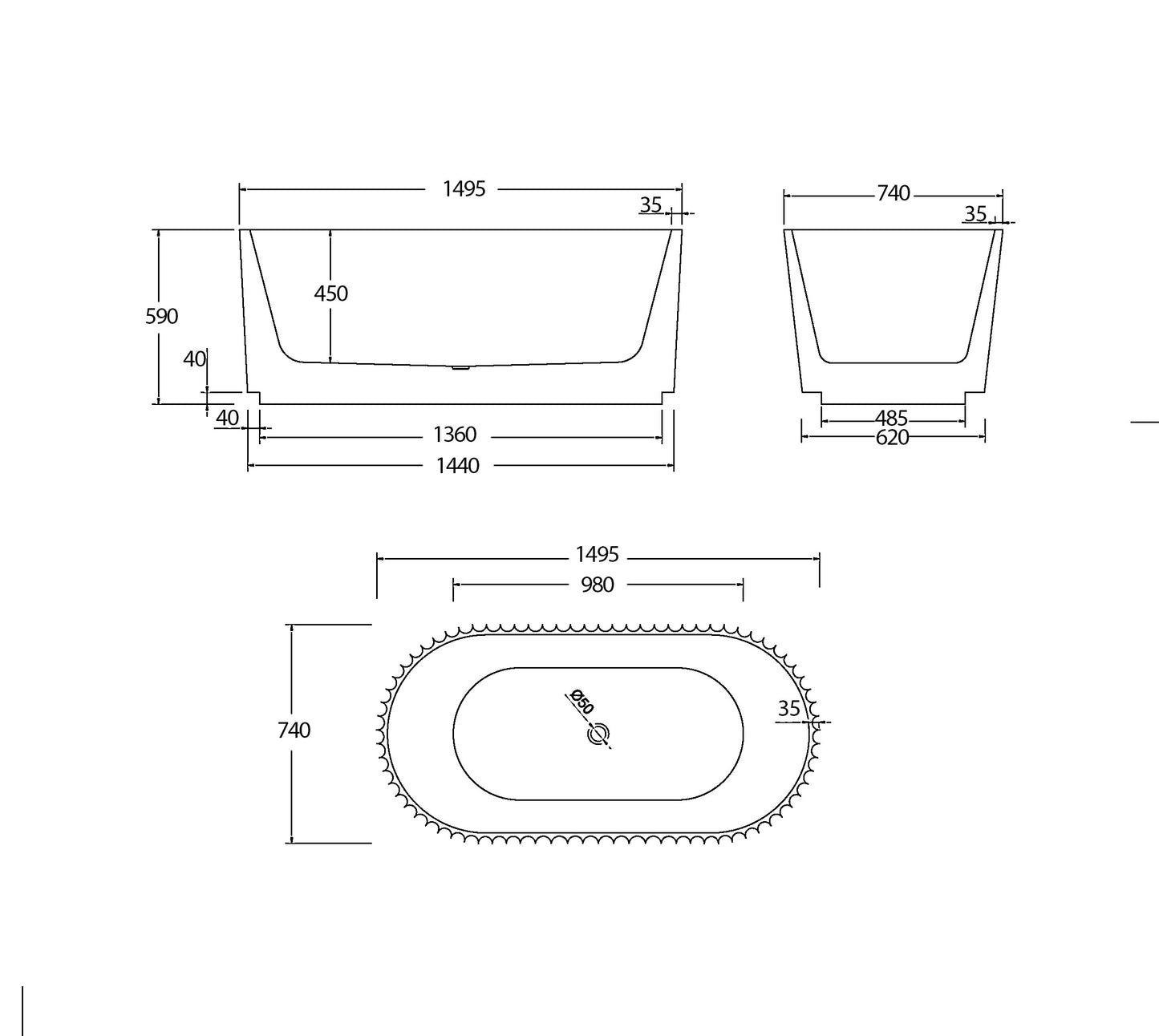 Cairo Freestanding Bathtub - 2 Sizes (1495mm,1690mm)