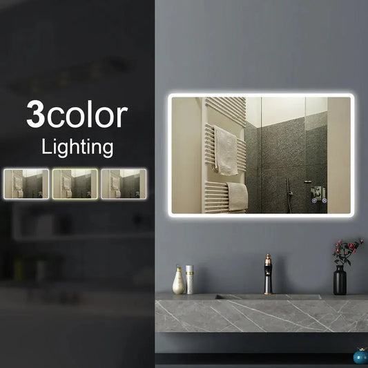 Rectangle LED Mirror 1200x800mm, 1500x800mm Curved Rim Rectangle 3 Color Lighting Touch Sensor Switch Defogger Pad Wall Mounted - Lighting on the rim