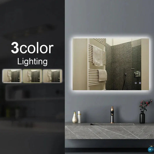 Rectangle LED Mirror 1200*800mm Sharp Edge 3 Color Lighting Backlit Touch Sensor Switch Defogger Pad Wall Mounted - Lighting on the back