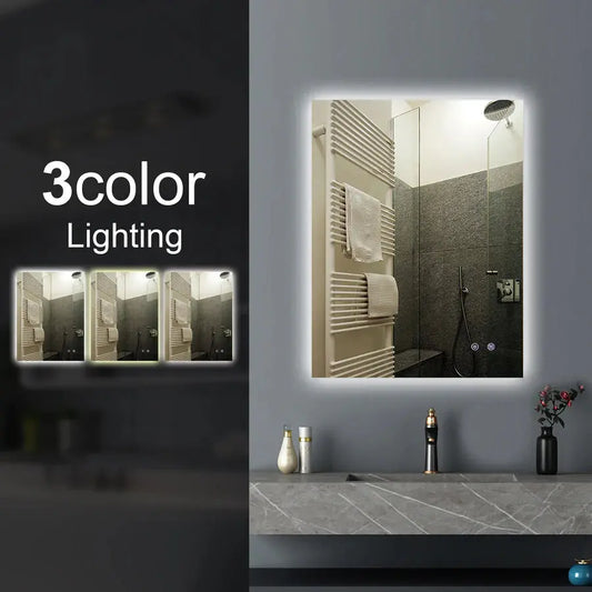 Rectangle LED Mirror 600x750mm 3 Color Touch Sensor Pad Wall Mounted - Lighting on the back