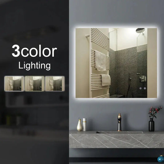 Rectangle LED Mirror 900*750mm Sharp Edge 3 Color Lighting Touch Sensor Switch Defogger Pad Wall Mounted - Lighting on the back