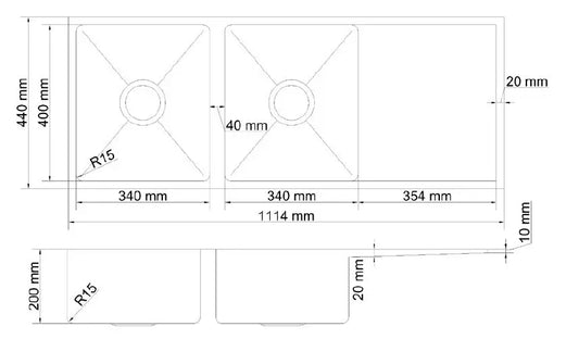 Atlas Double Bowl Handmade Chrome Kitchen Sink - 1114x440x200 mm