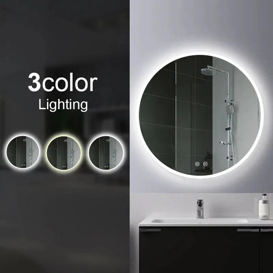 Round LED Mirror 3 Color Lighting Touch Sensor Switch Defogger Pad Wall Mounted - Lighting on the rim
