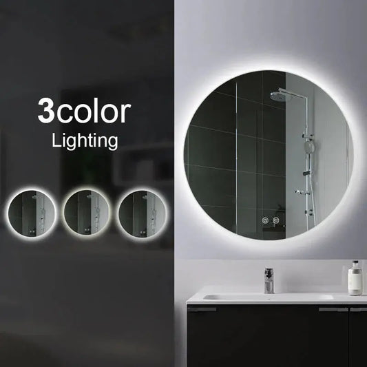 Round LED Mirror 3 Color Lighting Touch Sensor Switch Defogger Pad Wall Mounted - Lighting on the back