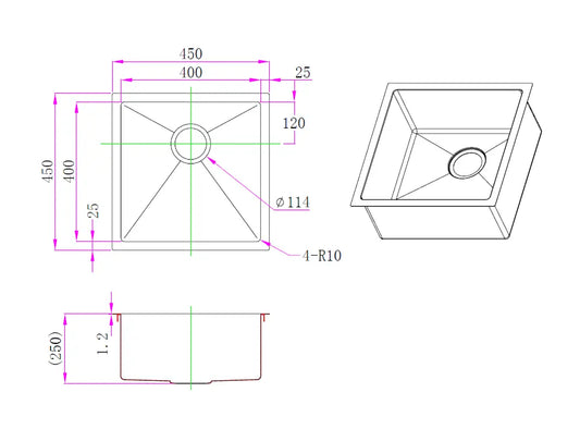 Atlas Single Bowl Handmade Chrome Kitchen Sink - 450x450x250mm