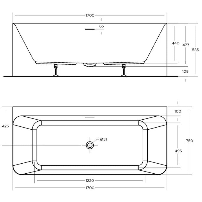 LUNUS Back To Wall Overflow Bath Tub - Available in 2 Sizes