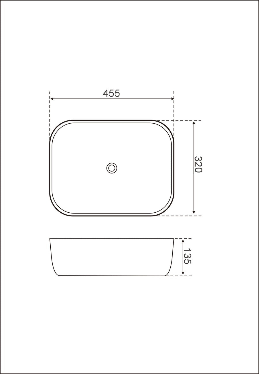 Rectangular Matte White Above Counter Ceramic Basin - 460x330x140mm